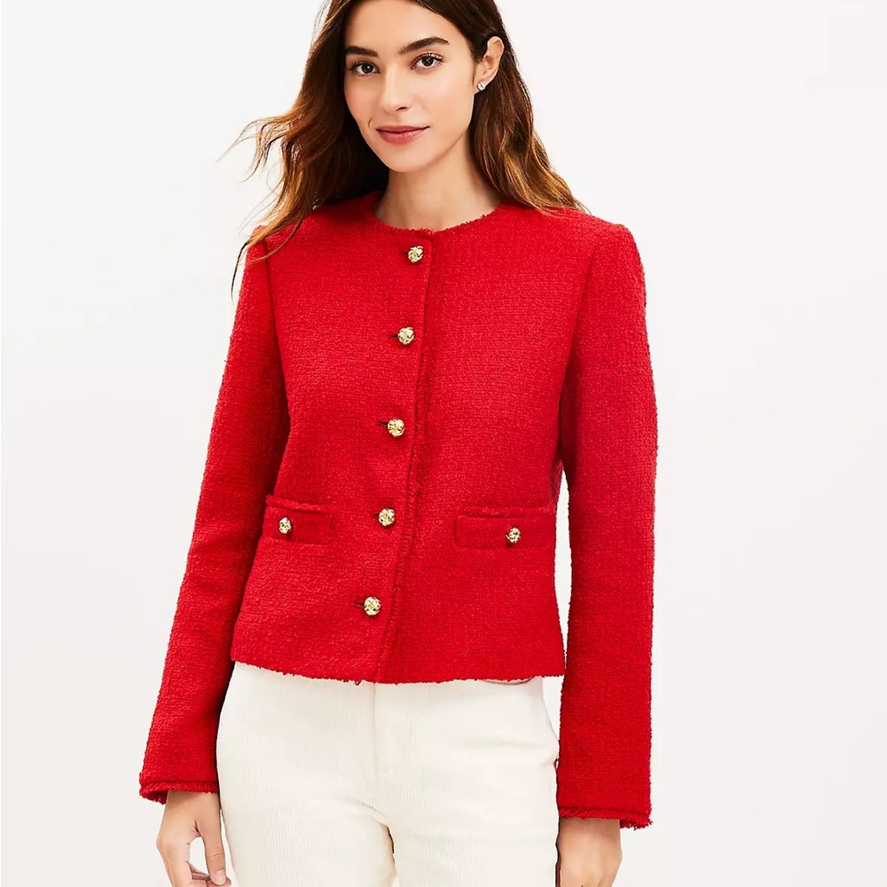 LOFT Red Tweed Structured Collarless Blazer - Picture 2 of 6